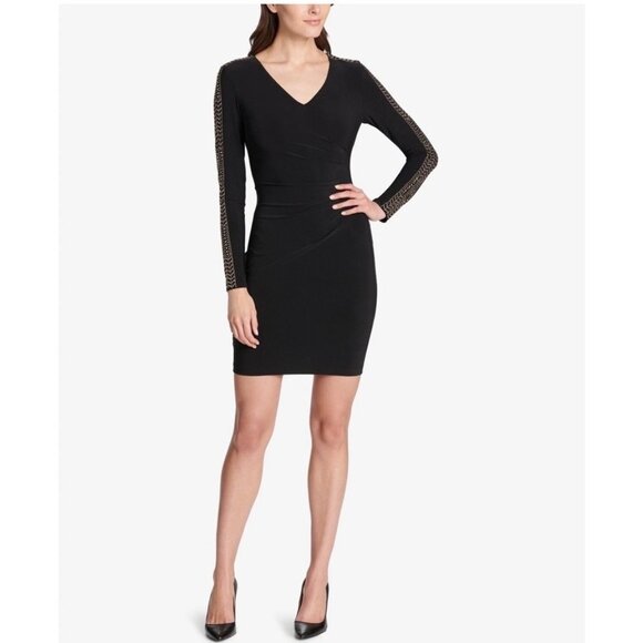 New GUESS Women’s Size 2 Black Studded Sexy BodyCon Ruched Sheath Dress Goth - Picture 1 of 12